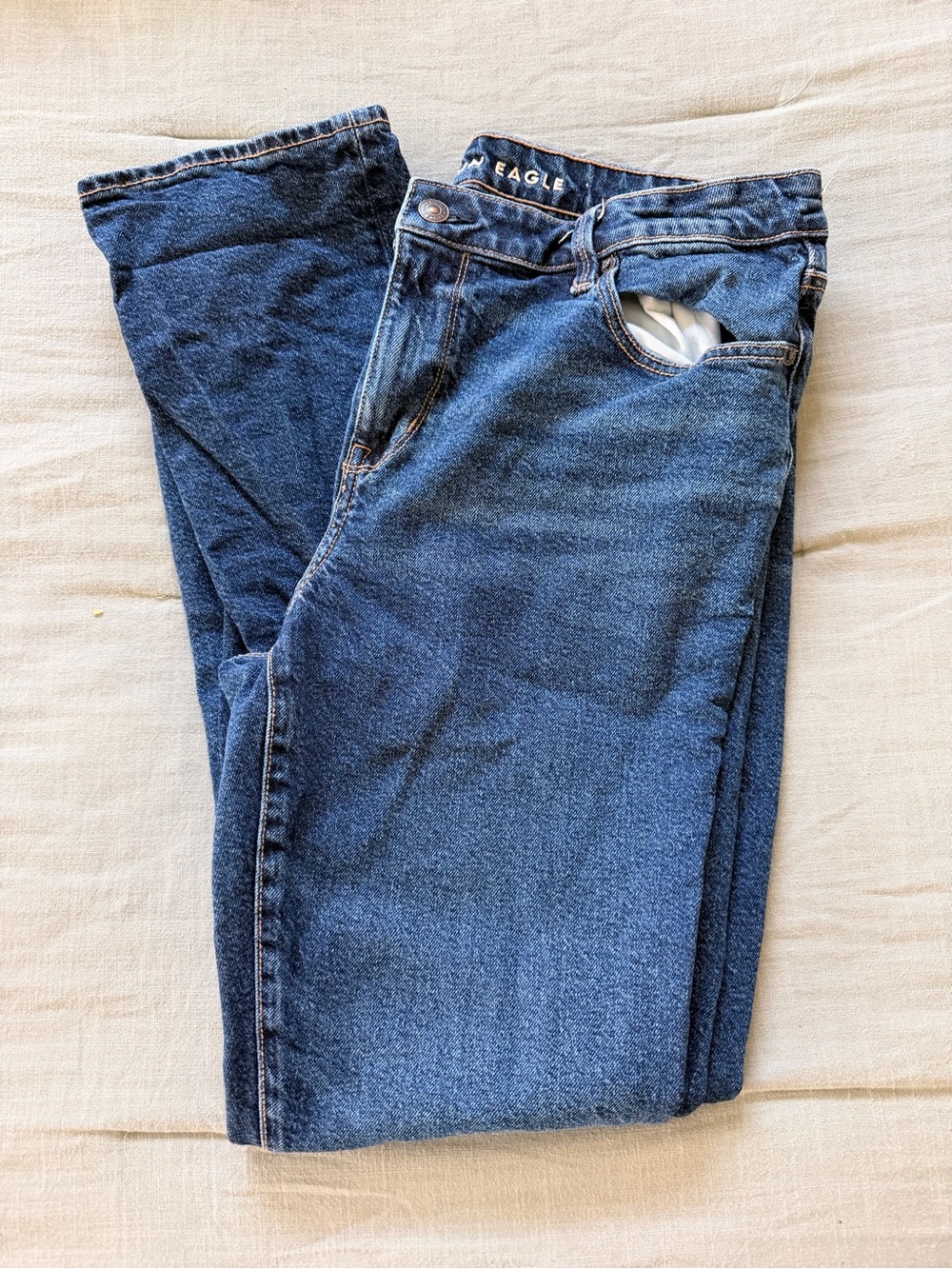 American Eagle Blue Denim Jeans with Tan Stitching